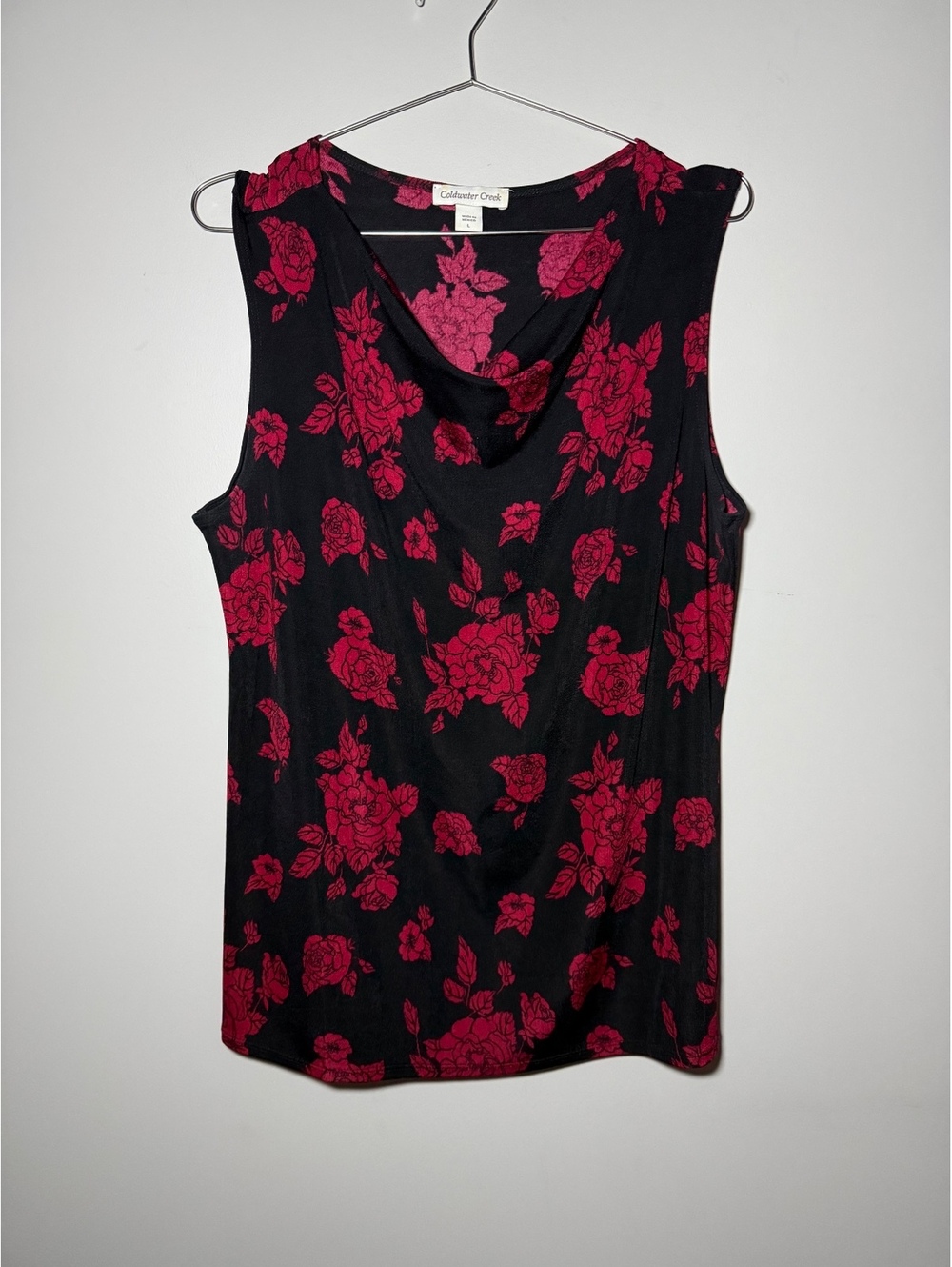 Coldwater Creek Black Sleeveless Cowl Neck Tank Size L Dark Romance Floral